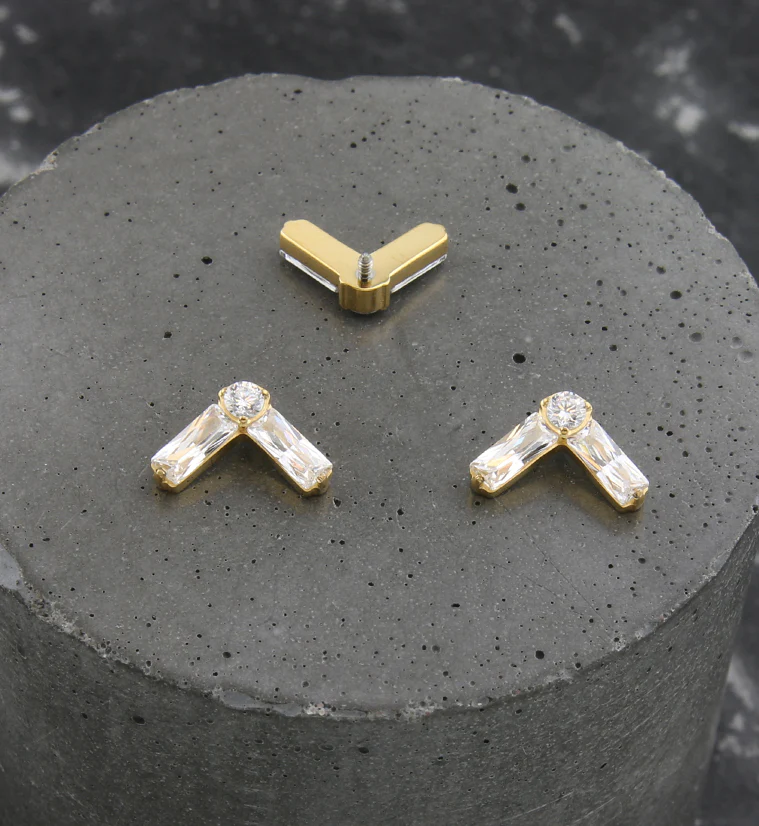 24kt Gold PVD Point Baguette Clear CZ Titanium Internally Threaded Top - Image 2