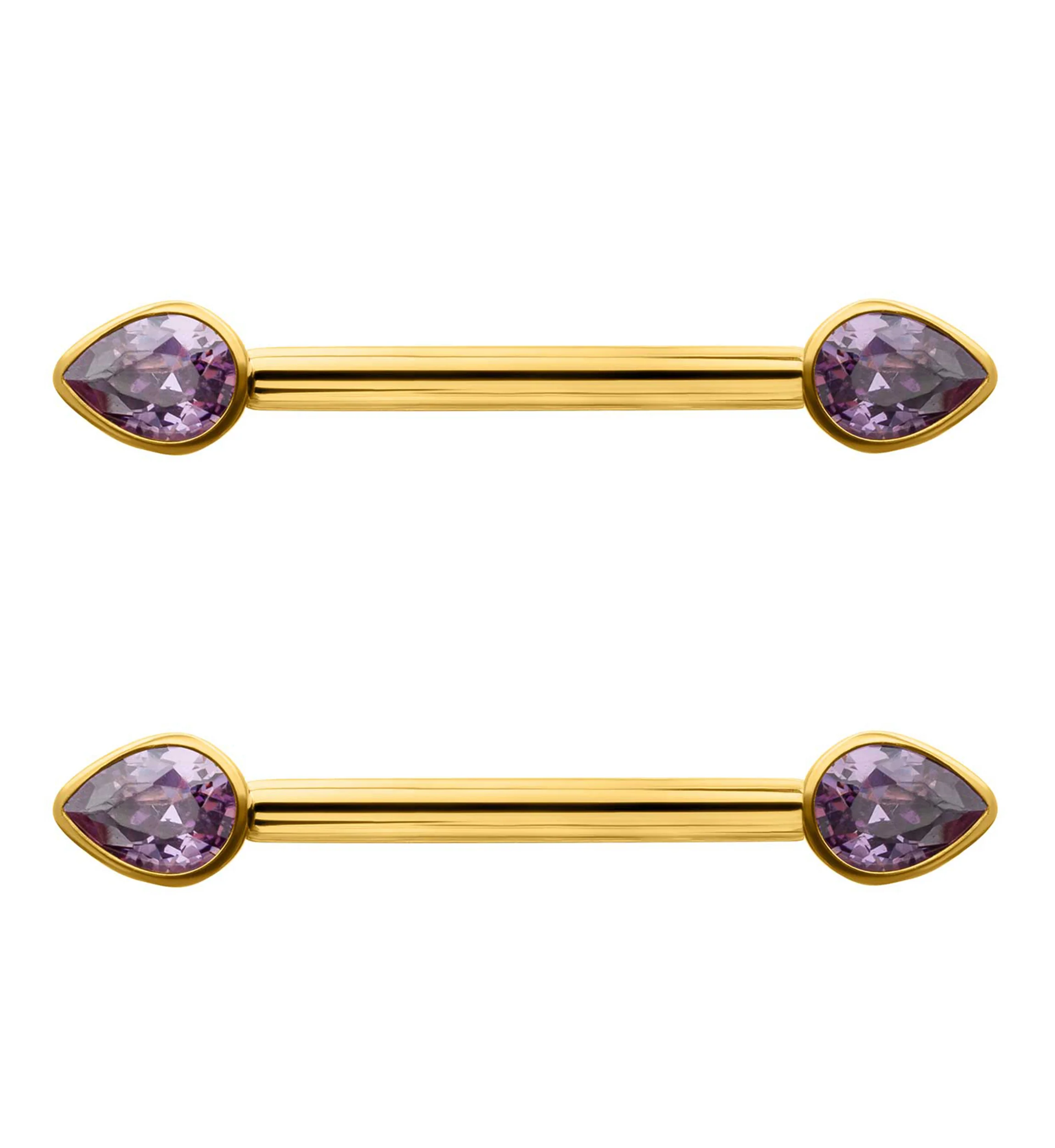 24kt Gold PVD Teardrop Amethyst CZ Titanium Internally Threaded Nipple Ring Barbell