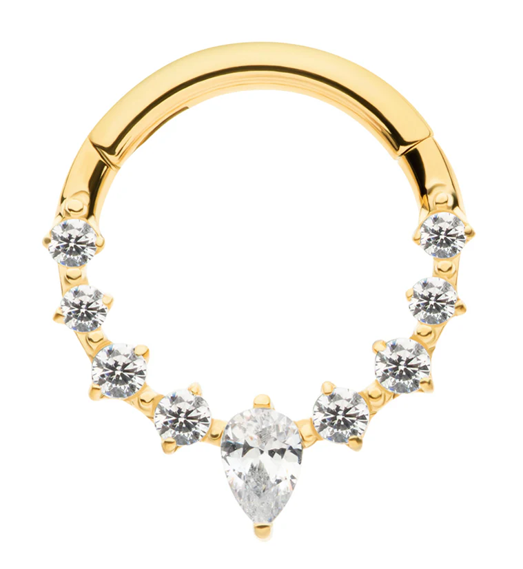 24kt Gold PVD Teardrop Icicle Clear CZ Titanium Hinged Segment Ring