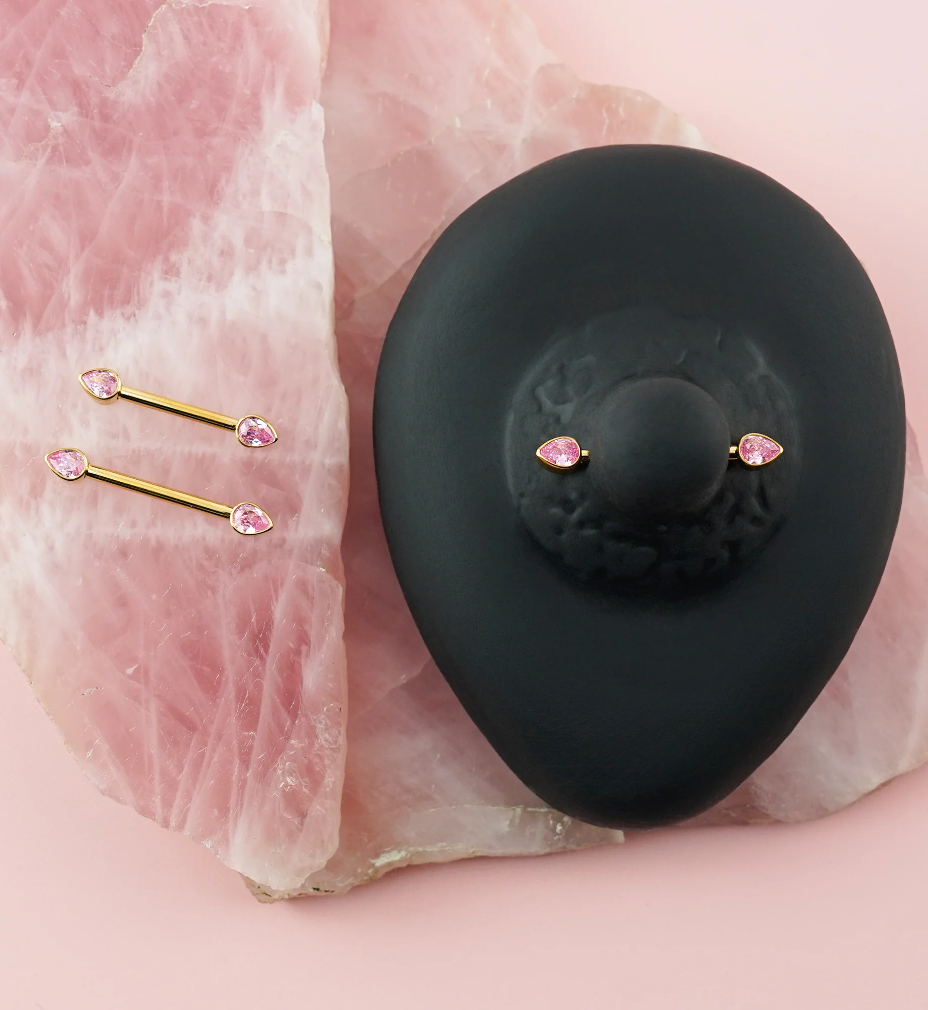 24kt Gold PVD Teardrop Pink CZ Titanium Internally Threaded Nipple Ring Barbell - Image 2