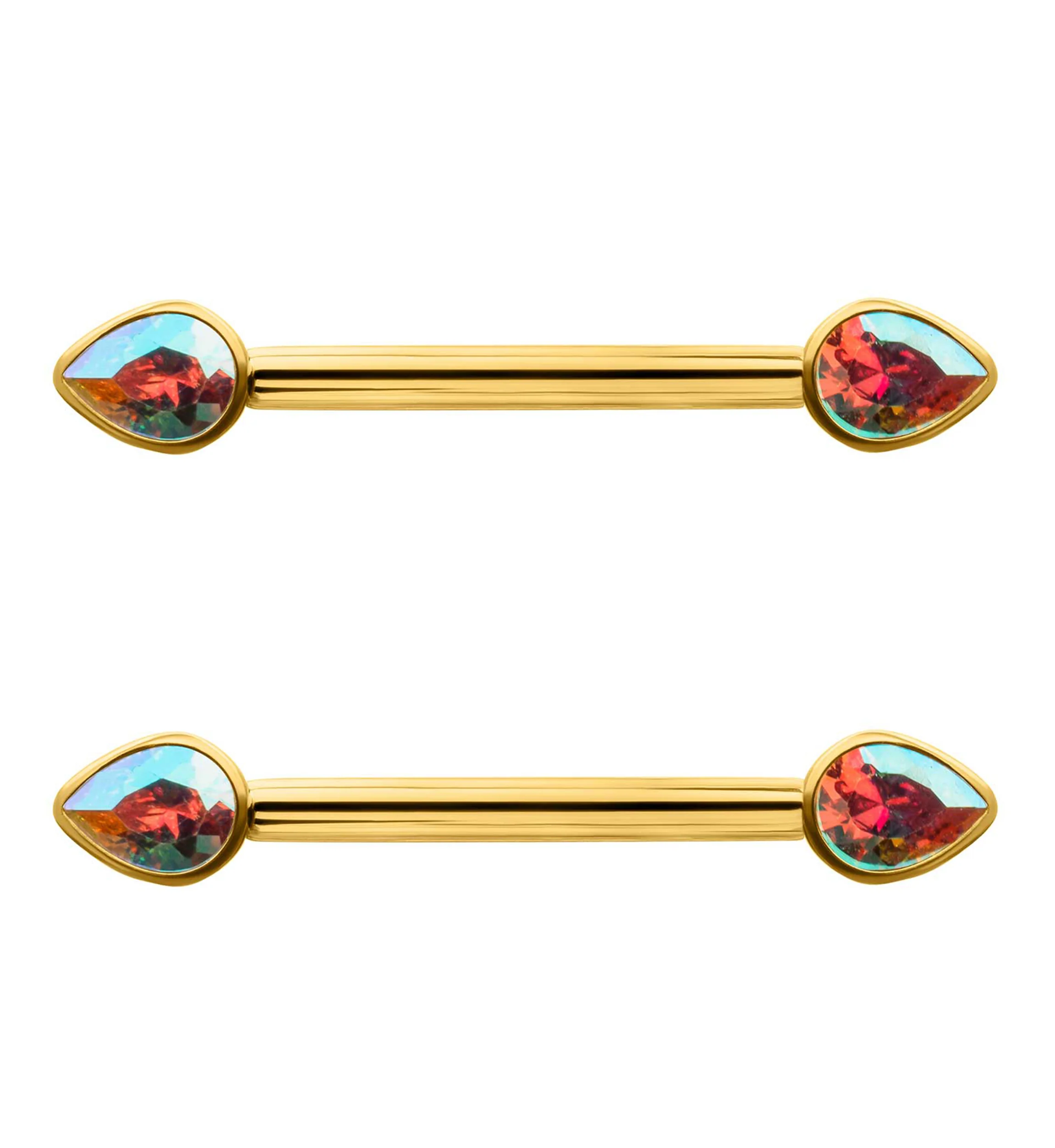 24kt Gold PVD Teardrop Rainbow Aurora CZ Titanium Internally Threaded Nipple Ring Barbell