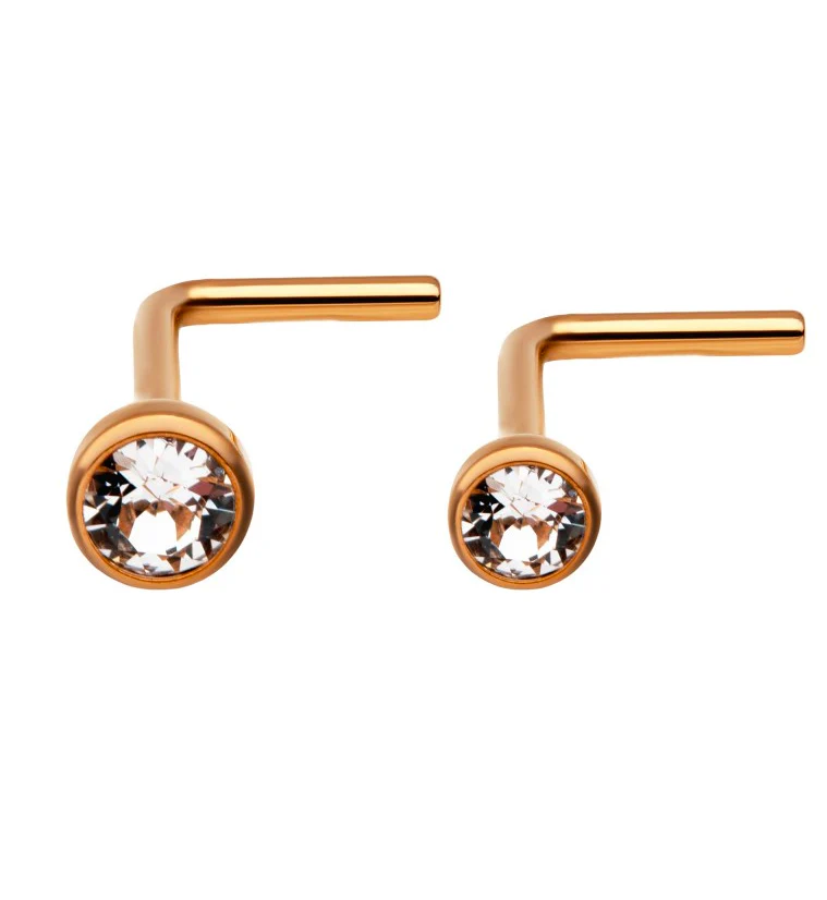 24kt Gold PVD Titanium Bezel CZ L Bend Nose Ring - Image 2