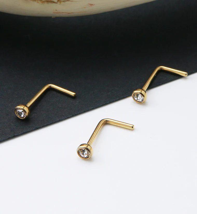 24kt Gold PVD Titanium Bezel CZ L Bend Nose Ring - Image 3