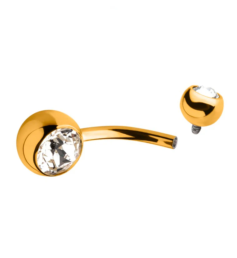 24kt Gold PVD Titanium Double Bezel CZ Belly Button Ring - Image 3