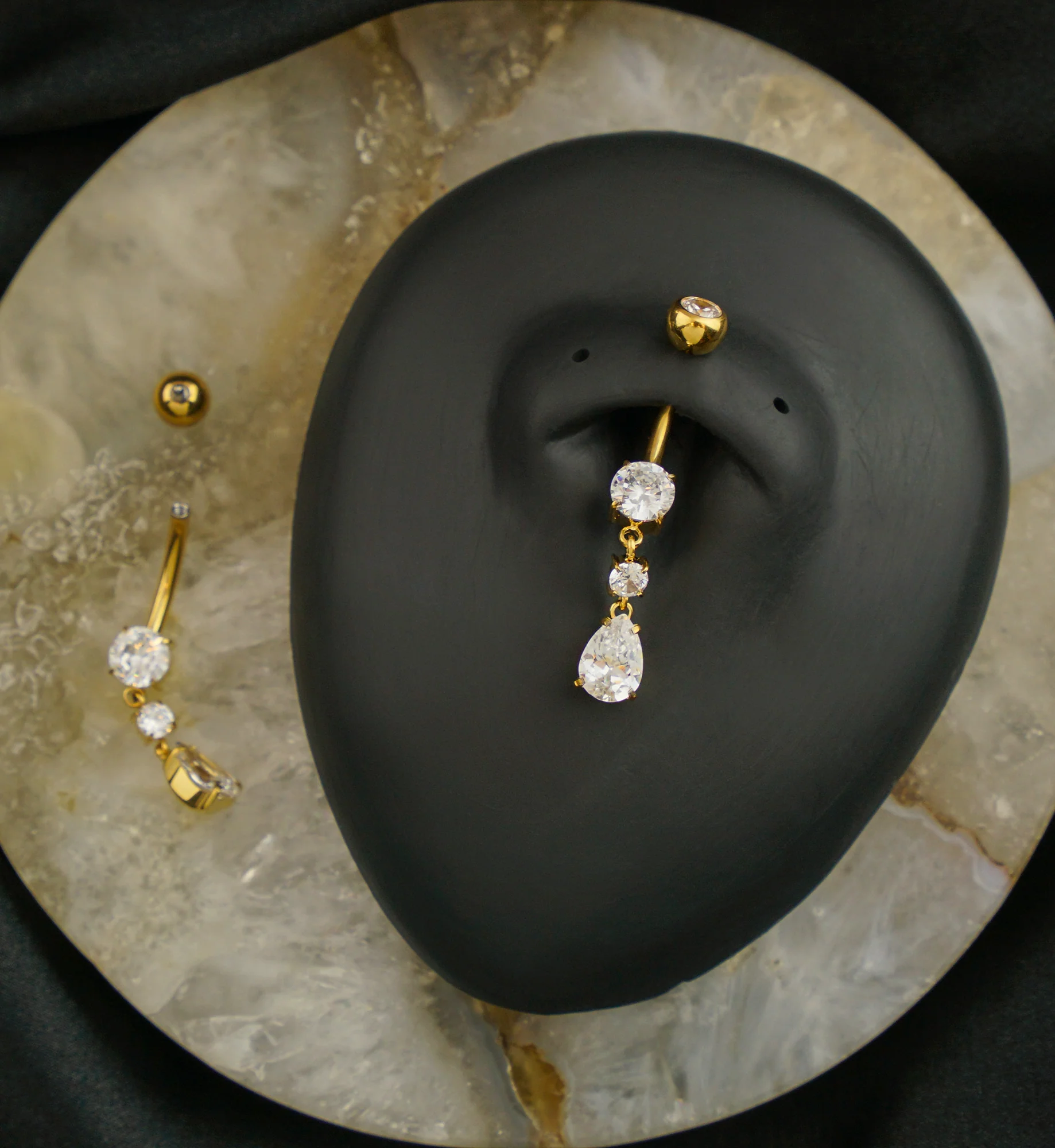 24kt Gold PVD Triple Marquise Clear CZ Dangle Titanium Belly Button Ring - Image 2
