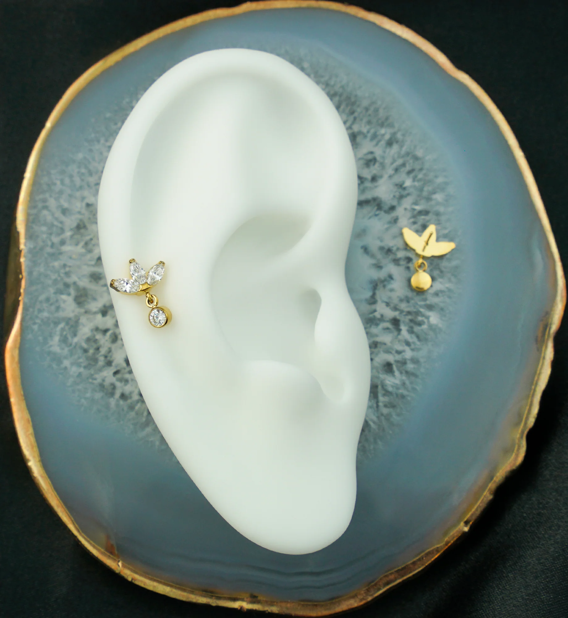 24kt Gold PVD Triple Sepal Marquise Clear CZ Bezel Dangle Titanium Threadless Top - Image 2