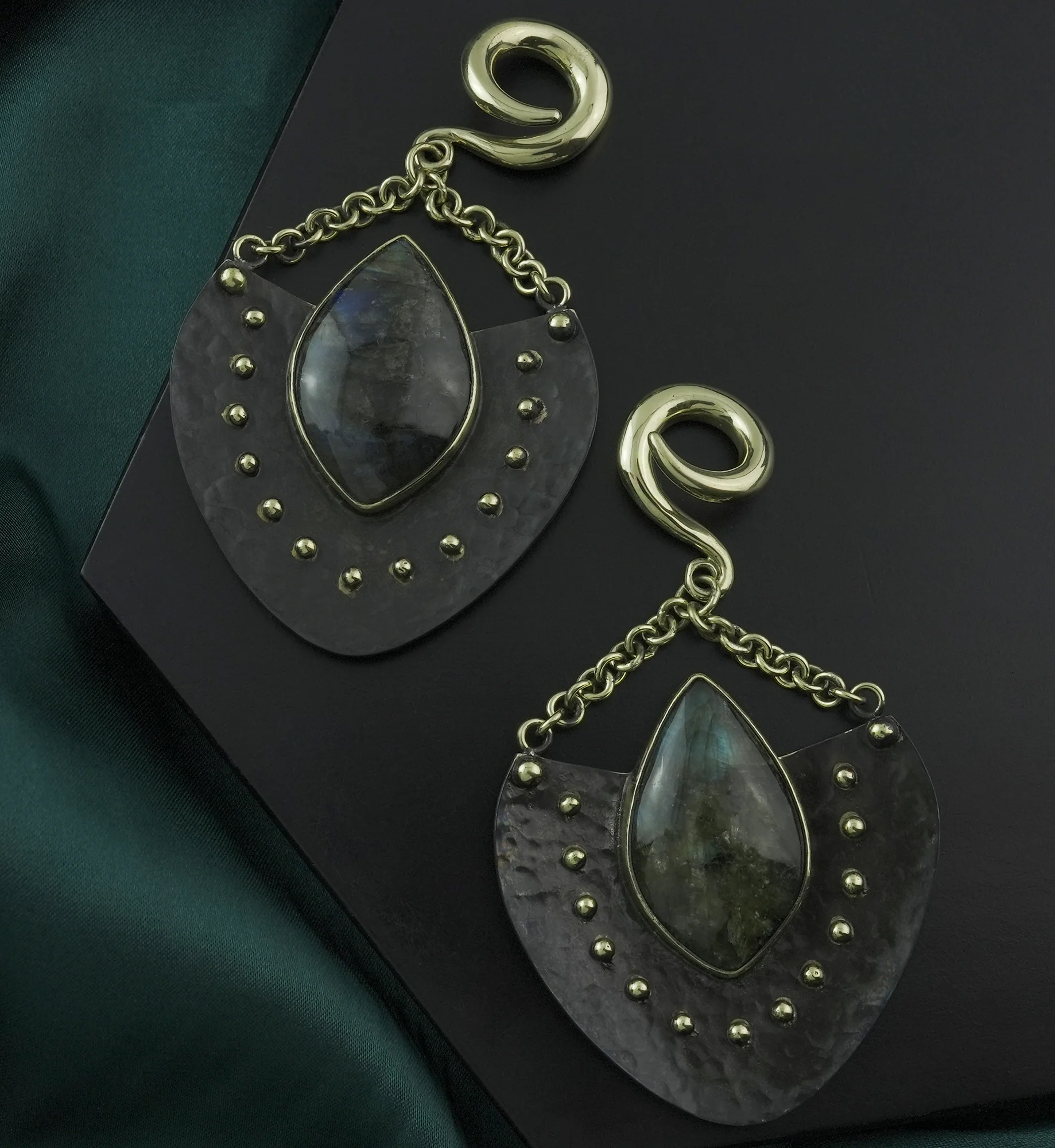 Aegis Labradorite Stone Hanging Brass Ear Weights - Image 2