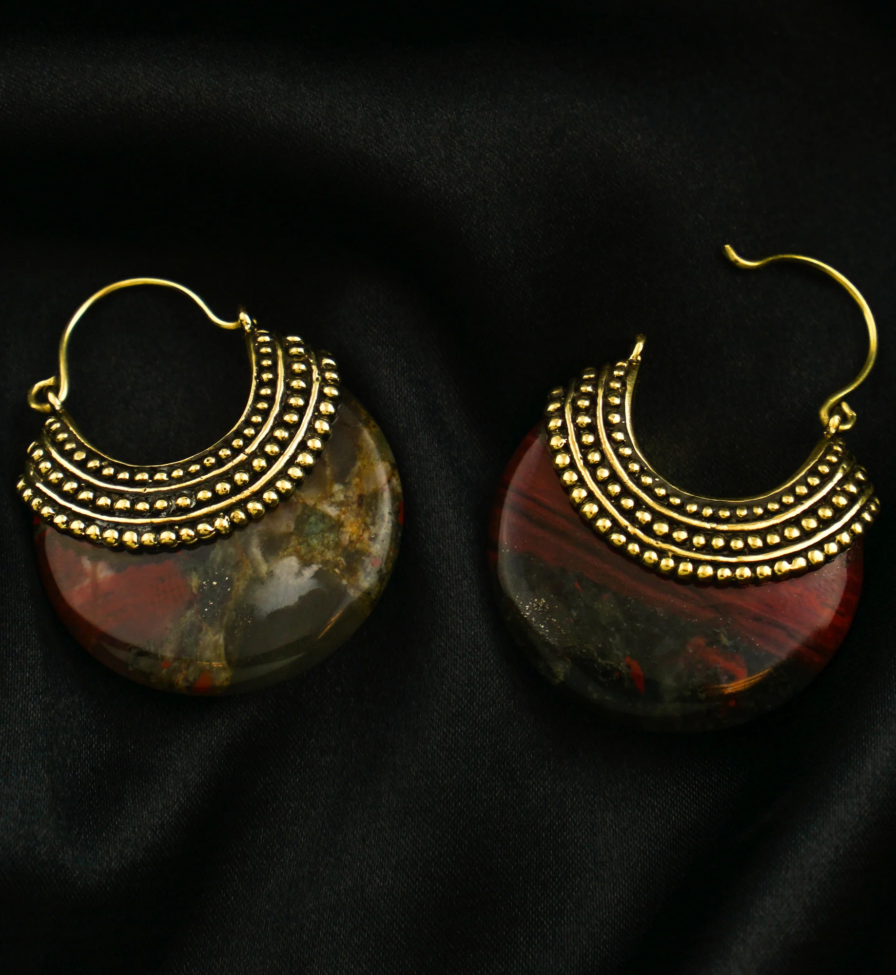 African Bloodstone Beaded Brass Stone Earrings - Image 2