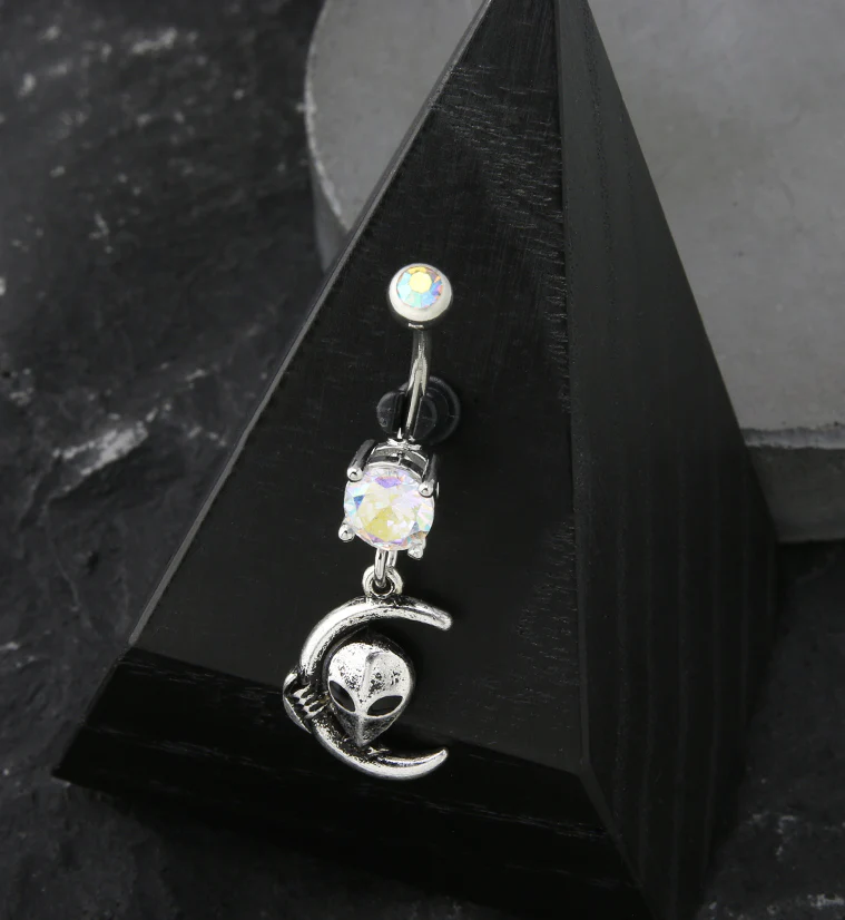 Alien Moon Rainbow Aurora CZ Dangle Stainless Steel Belly Button Ring - Image 2