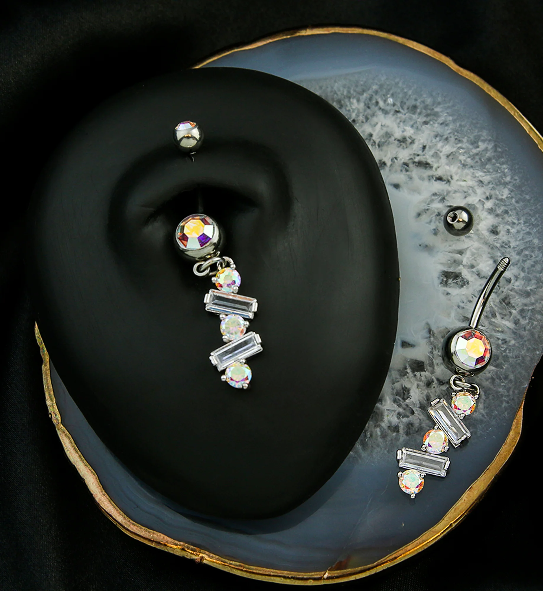Alternate Baguette Rainbow Aurora CZ Dangle Stainless Steel Belly Button Ring - Image 2