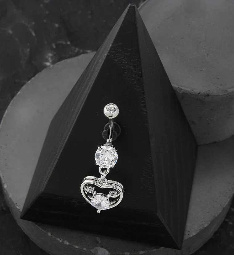 Antler Heart CZ Stainless Steel Belly Button Ring - Image 2