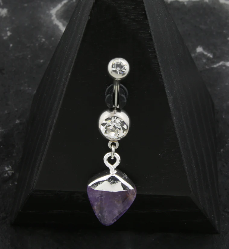 Apex Amethyst Stone Dangle Stainless Steel Belly Button Ring - Image 2
