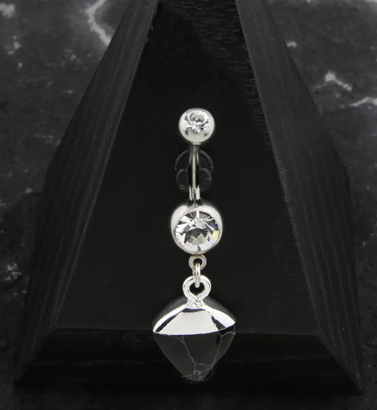 Apex Black Agate Stone Dangle Stainless Steel Belly Button Ring - Image 2