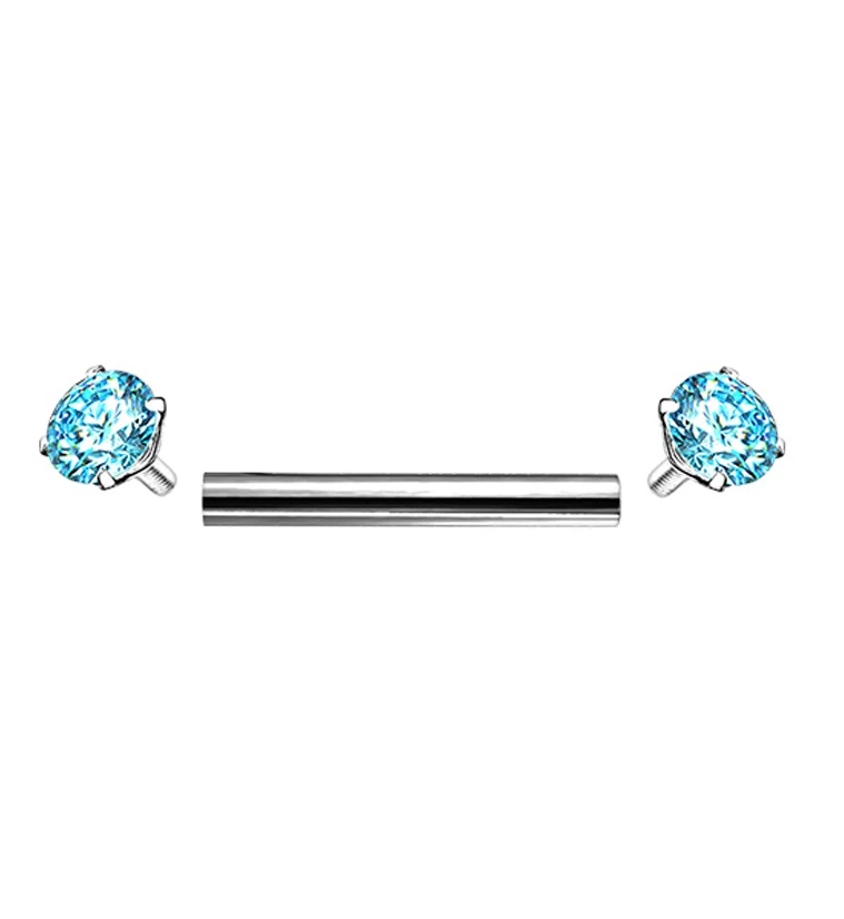 Aqua Double Square CZ Prong Set Stainless Steel Barbell - Image 2