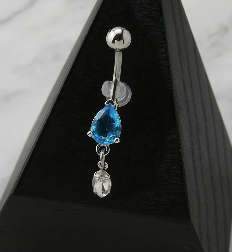 Aqua Teardrop CZ Dangle Belly Button Ring - Image 2