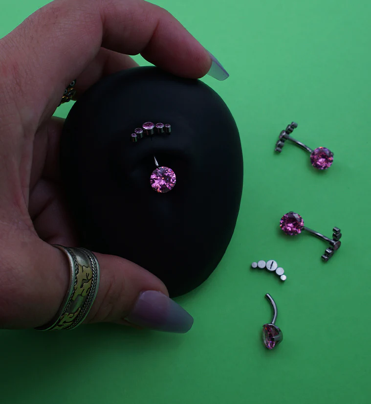 Arch Pink CZ Top Titanium Threadless Belly Button Ring - Image 2
