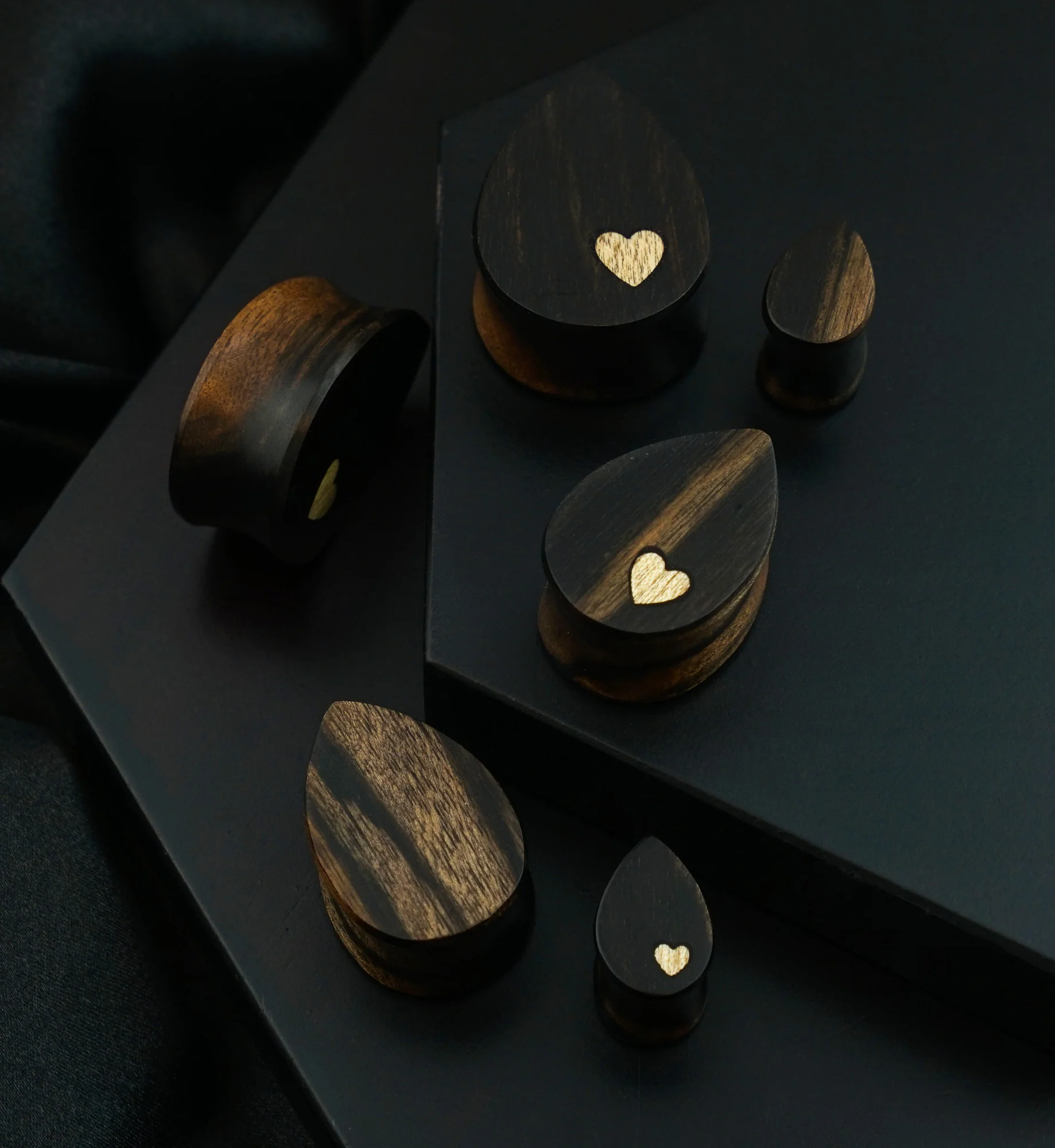 Areng Wood Heart Inlay Teardrop Plugs - Image 2