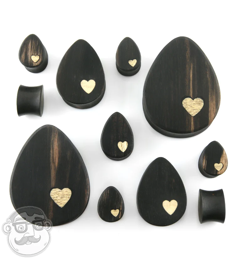 Areng Wood Heart Inlay Teardrop Plugs - Image 3