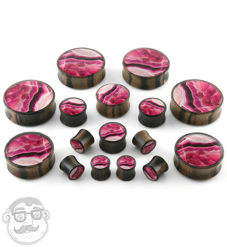 Areng Wood Plugs with Faux Pink Line Agate Inlay - Image 2