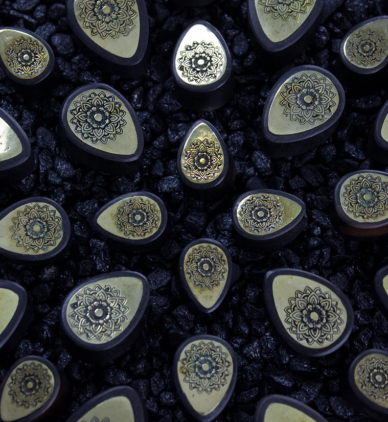 Areng Wooden Teardrop Plugs with Mandala Brass Inlay - Image 3
