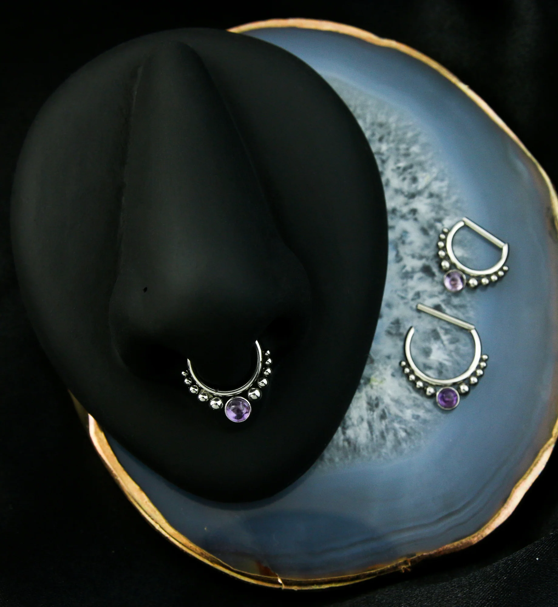 Beaded Amethyst Stainless Steel Straight Hinged Segment Ring - Image 3