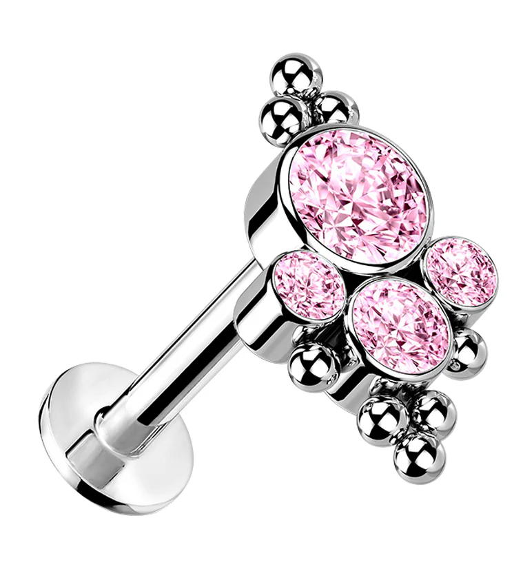 16G Beaded Array Pink CZ Titanium Threadless Labret