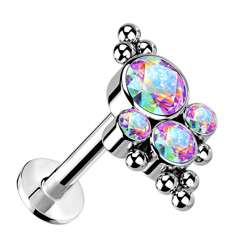 16G Beaded Array Rainbow Aurora CZ Titanium Threadless Labret