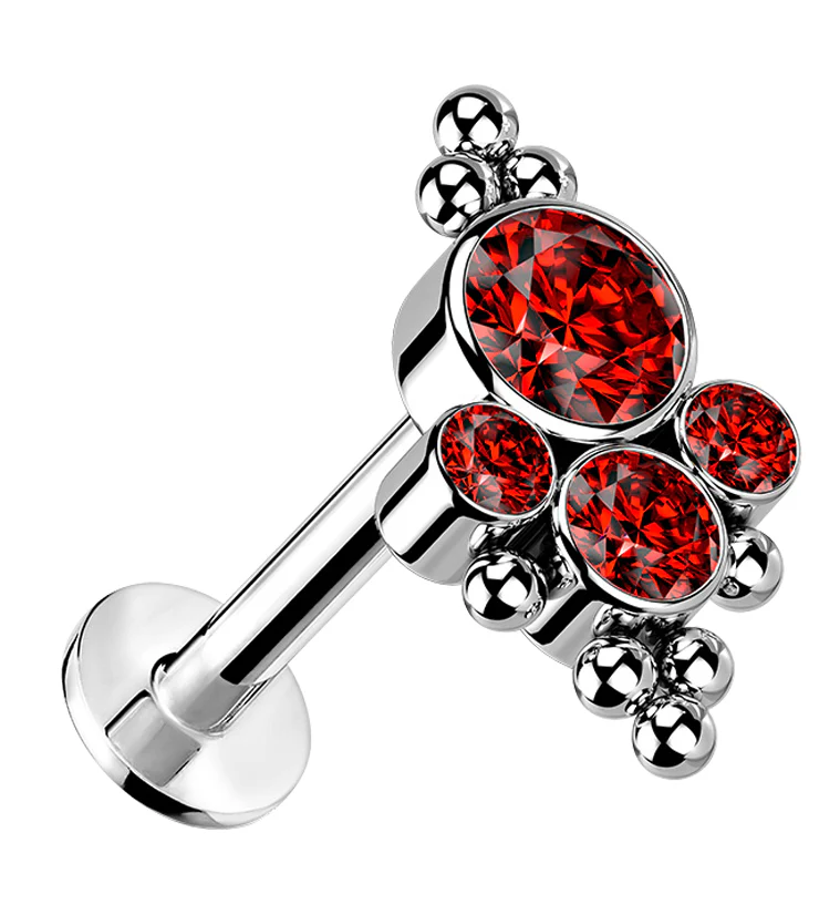 16G Beaded Array Red CZ Titanium Threadless Labret