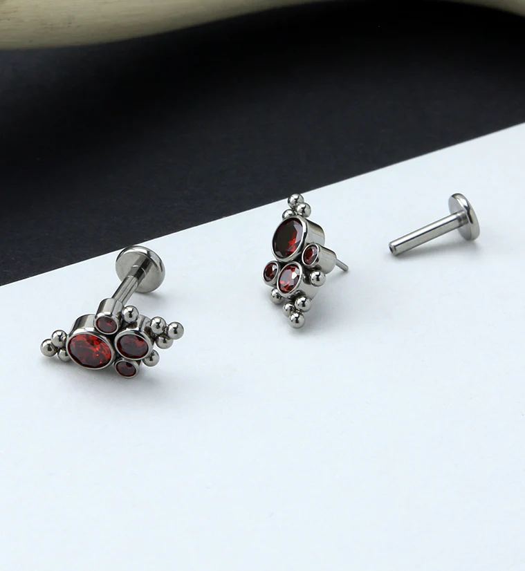 16G Beaded Array Red CZ Titanium Threadless Labret - Image 2