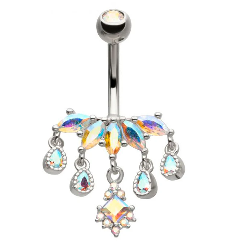 Beaded Chaplet Dangle Rainbow Aurora CZ Cluster Belly Button Ring
