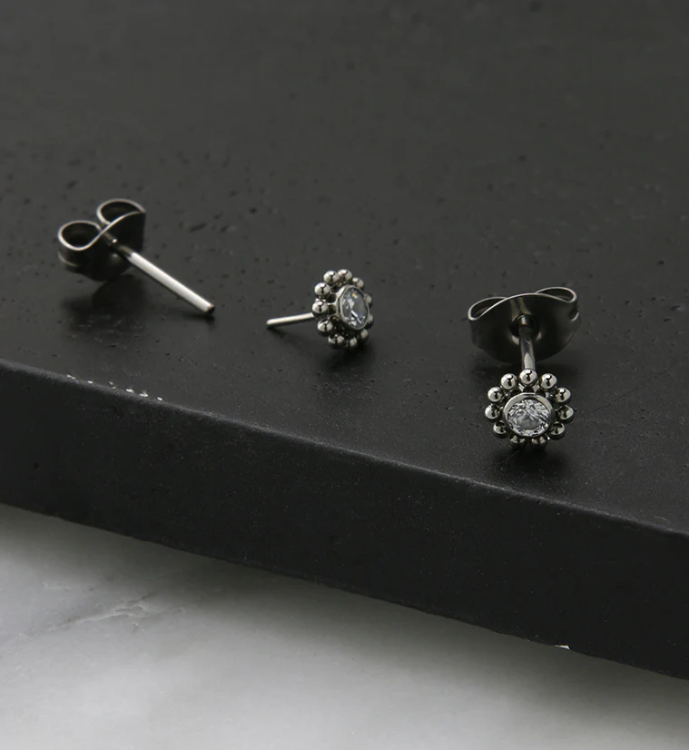 Beaded Clear CZ Titanium Threadless Earrings - Image 2