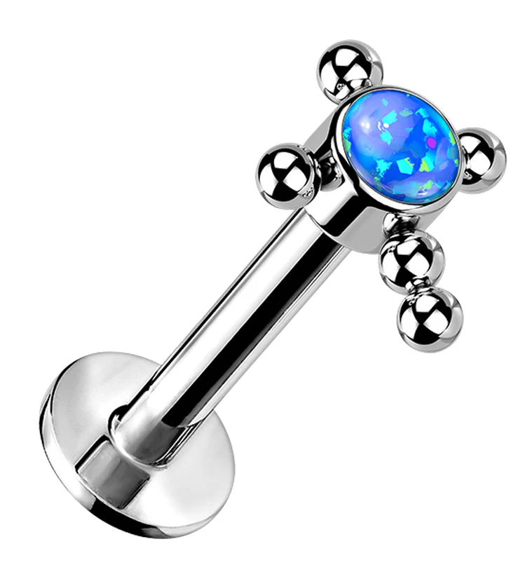 Beaded Cross Blue Opalite Titanium Threadless Labret