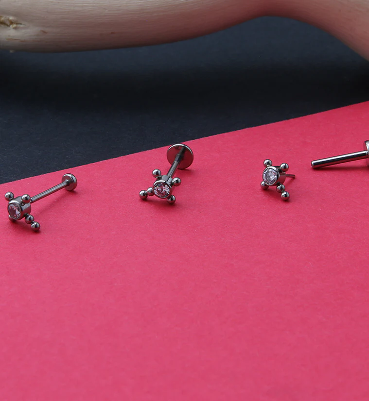 Beaded Cross Clear CZ Titanium Threadless Labret - Image 2
