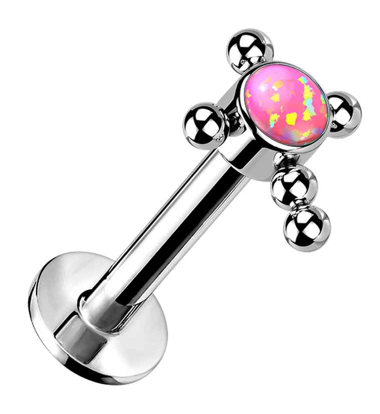 Beaded Cross Pink Opalite Titanium Threadless Labret