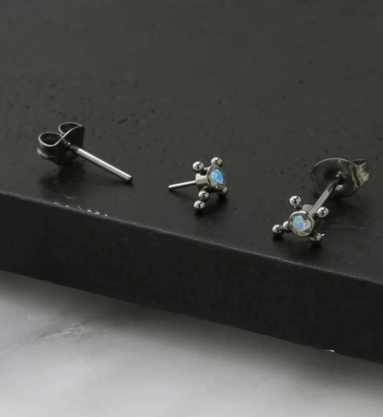 Beaded Cross Rainbow Aurora CZ Titanium Threadless Earrings - Image 2