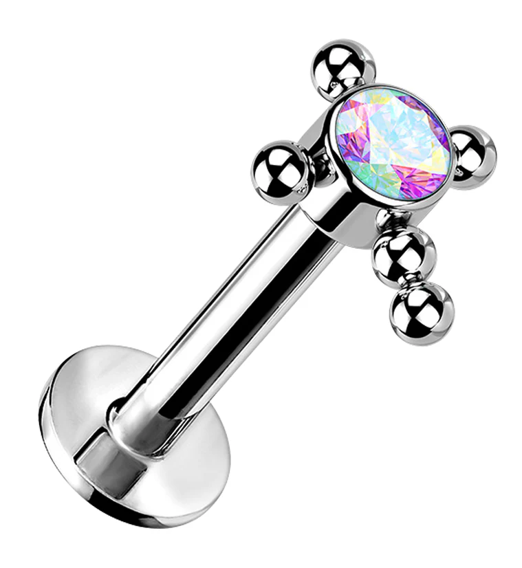 Beaded Cross Rainbow Aurora CZ Titanium Threadless Labret