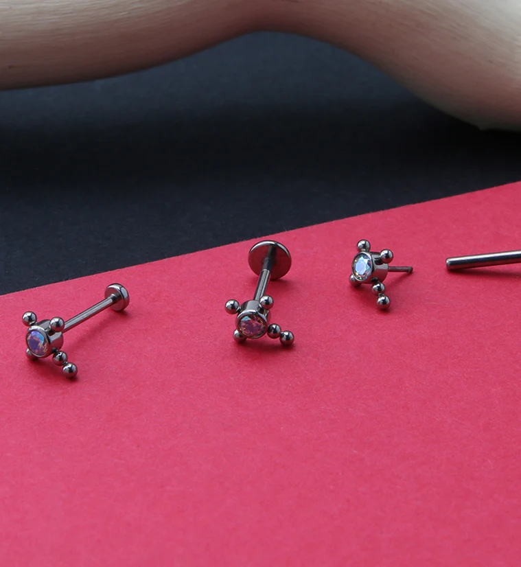 Beaded Cross Rainbow Aurora CZ Titanium Threadless Labret - Image 2