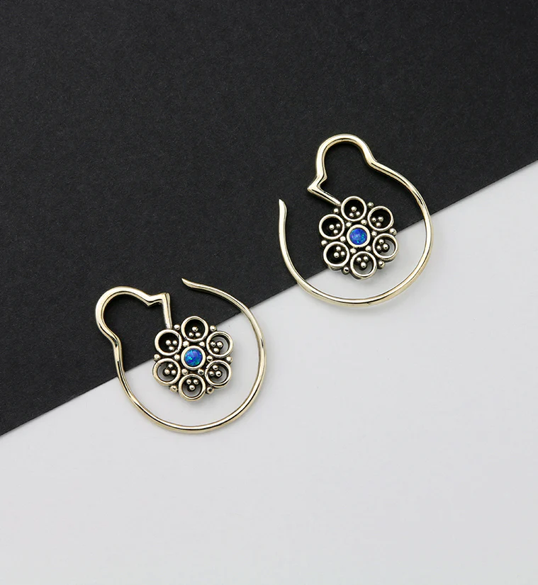 Beaded Floret Blue Opalite White Brass Ear Weights - Image 3