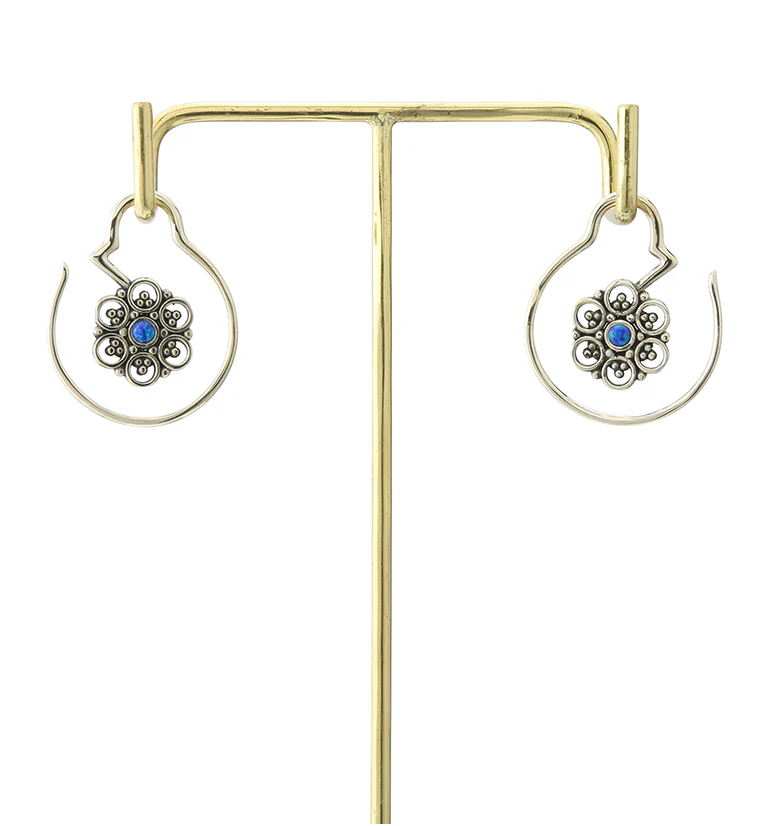 Beaded Floret Blue Opalite White Brass Ear Weights - Image 4
