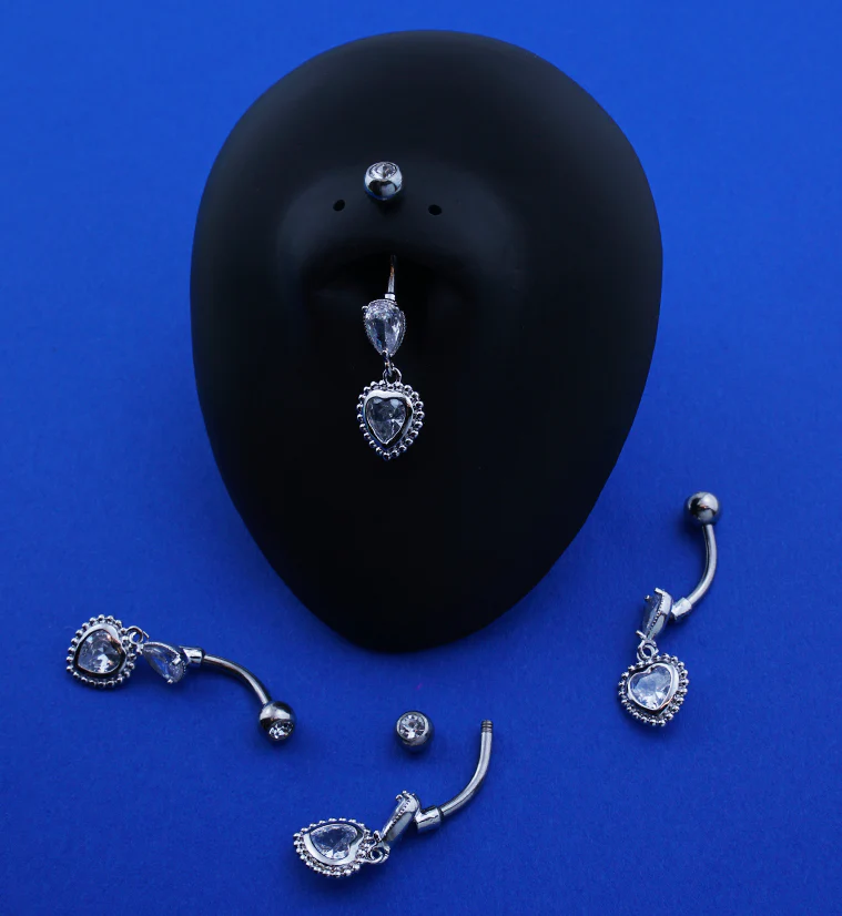 Beaded Heart Clear CZ Dangle Stainless Steel Belly Button Ring - Image 2