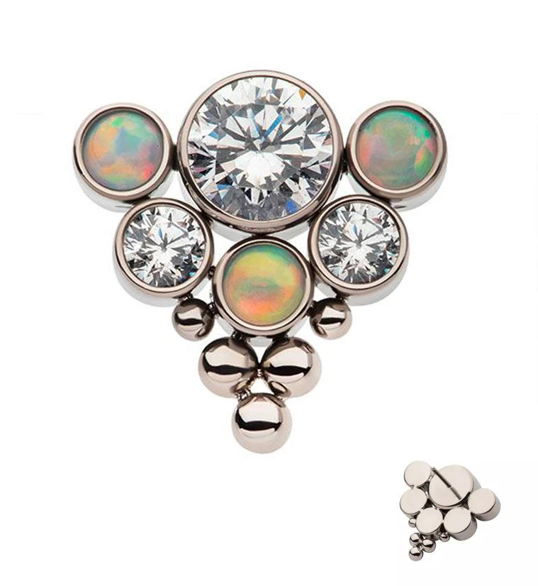 Beaded Hexad White Opalite and Clear CZ Threadless Titanium Top