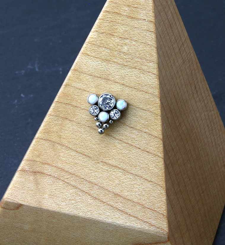 Beaded Hexad White Opalite and Clear CZ Threadless Titanium Top - Image 2