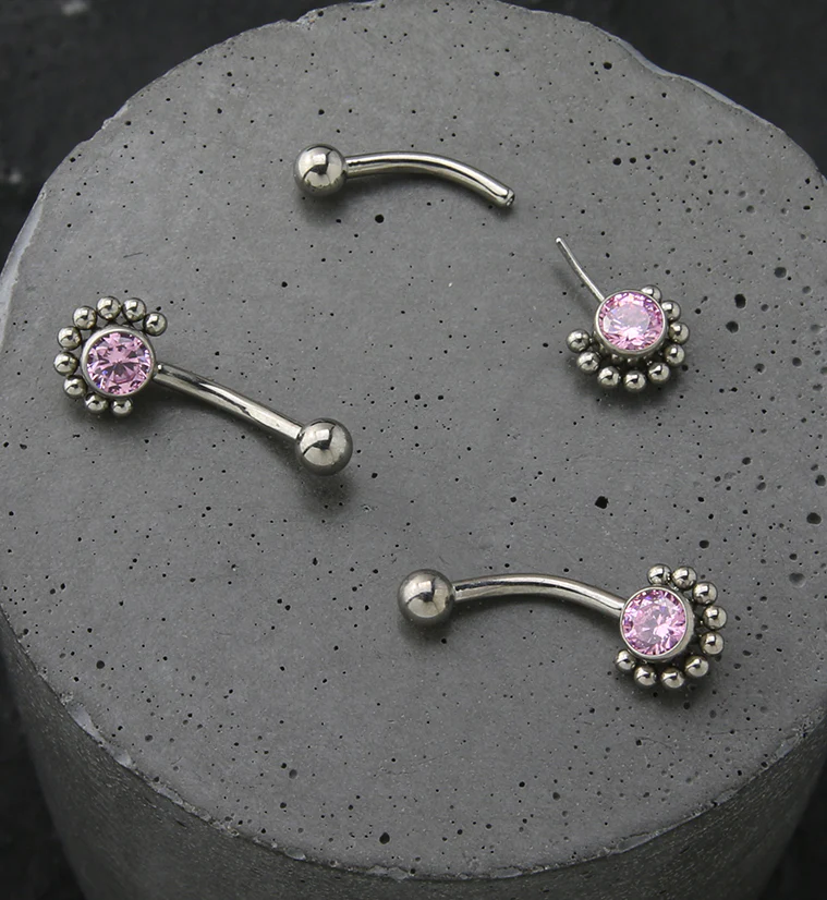 Beaded Pink CZ Titanium Threadless Curved Barbell - Image 2