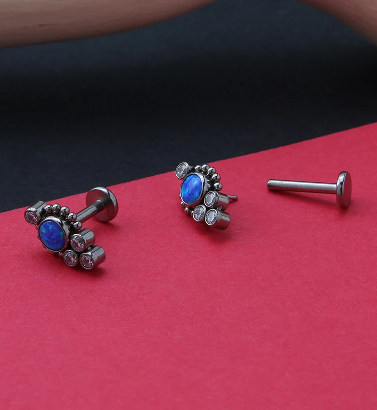 Beaded Rim Blue Opalite Titanium Threadless Labret - Image 2
