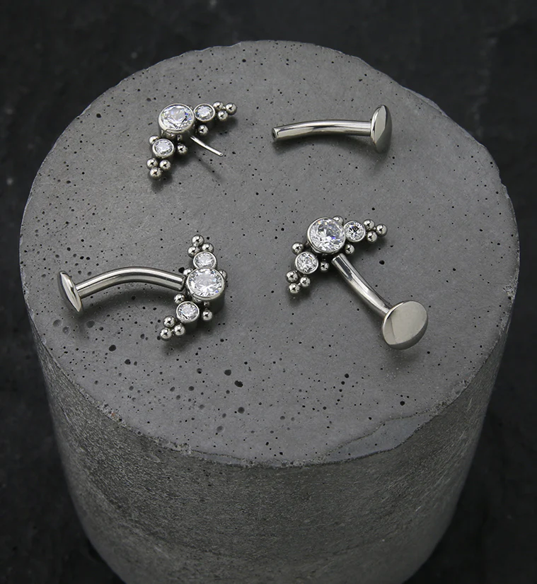 Beaded Triple Clear CZ Titanium Threadless Floating Belly Button Ring - Image 2