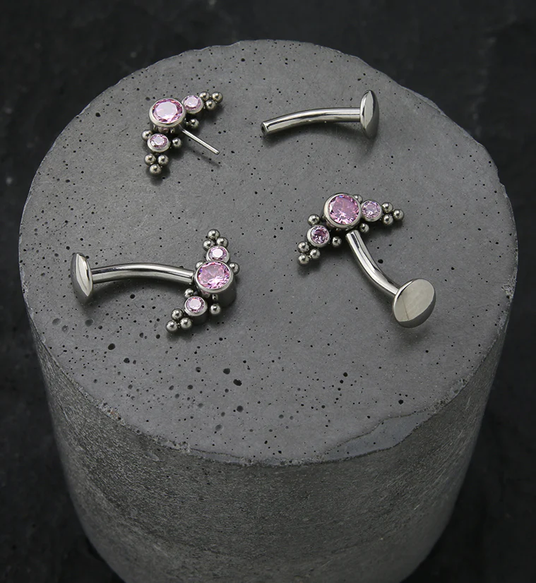 Beaded Triple Pink CZ Titanium Threadless Floating Belly Button Ring - Image 2