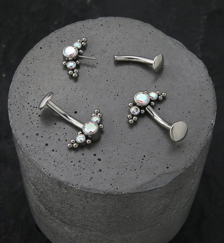 Beaded Triple Rainbow Aurora CZ Titanium Threadless Floating Belly Button Ring - Image 2