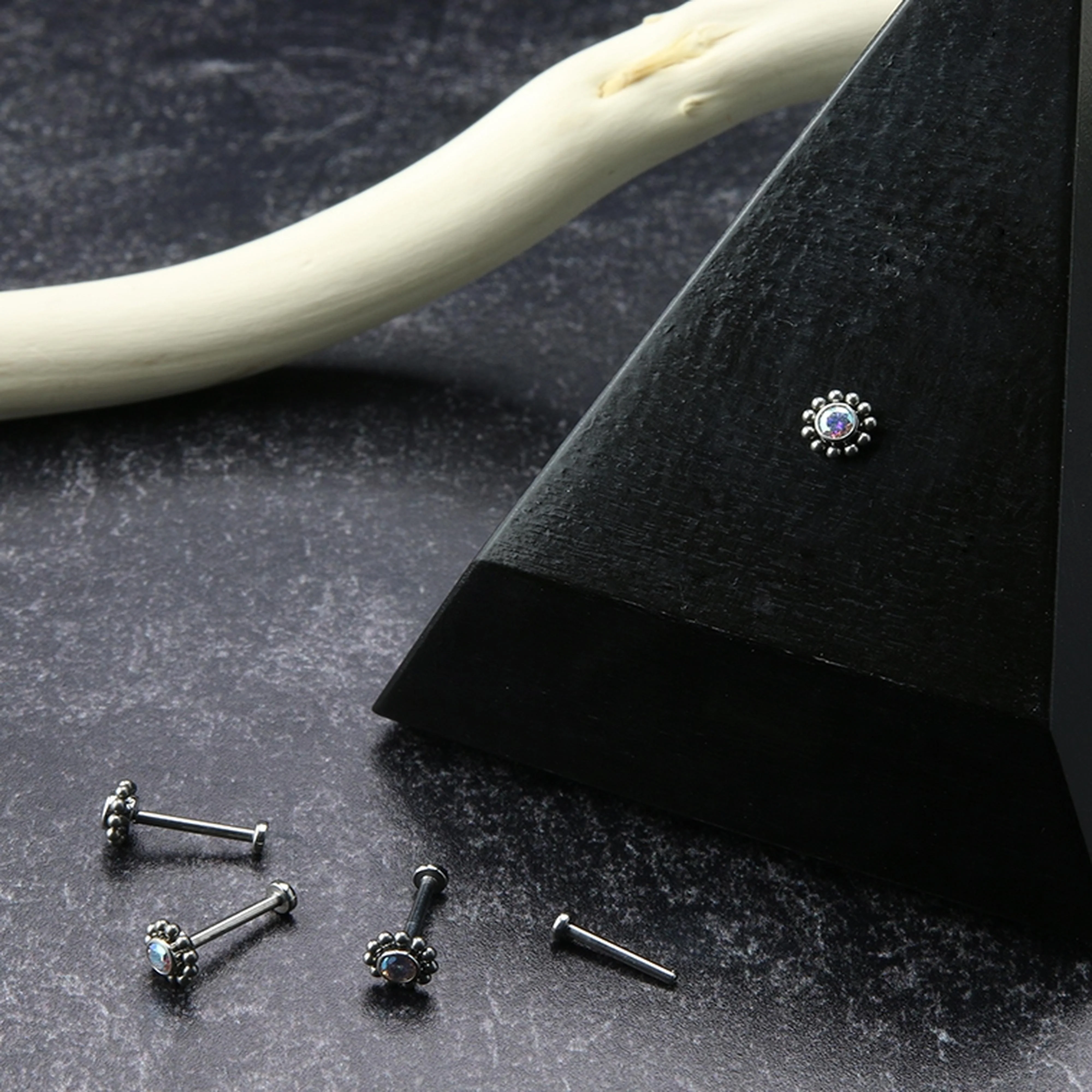 Beaded Verge Rainbow Aurora CZ Titanium Threadless Labret - Image 3