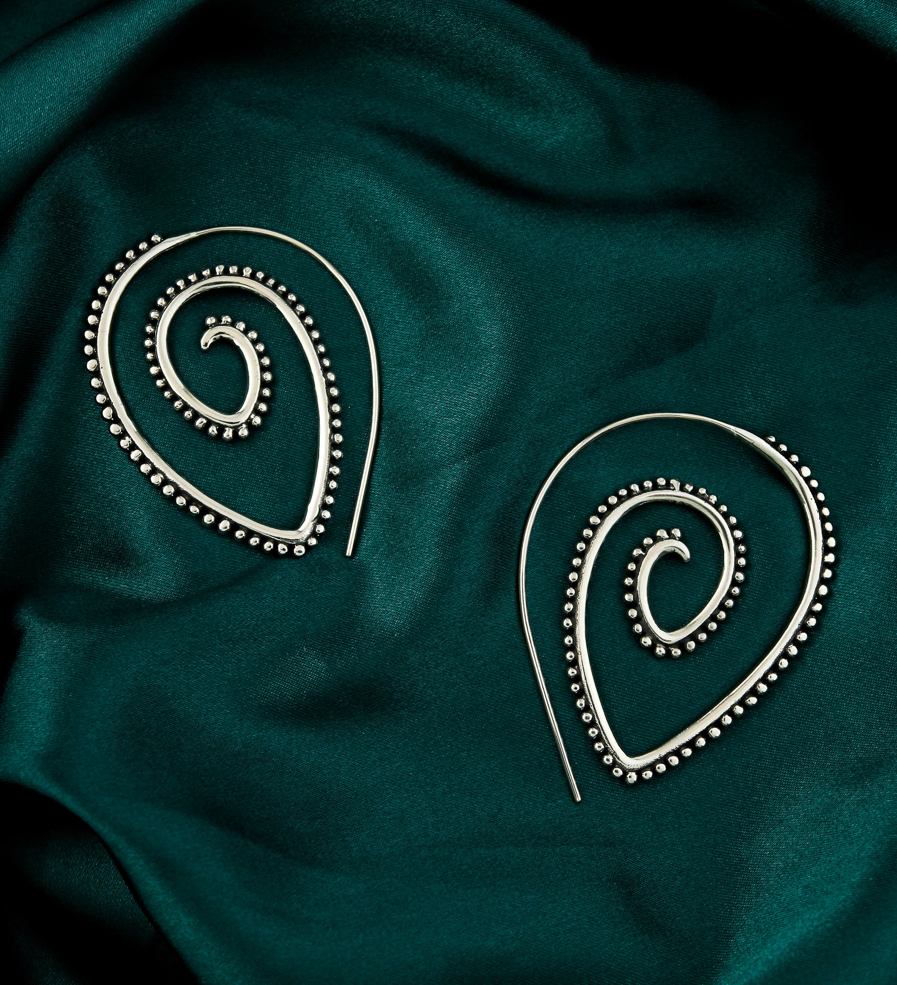 Beaded White Brass Teardrop Spiral Hoop Earrings - Image 2