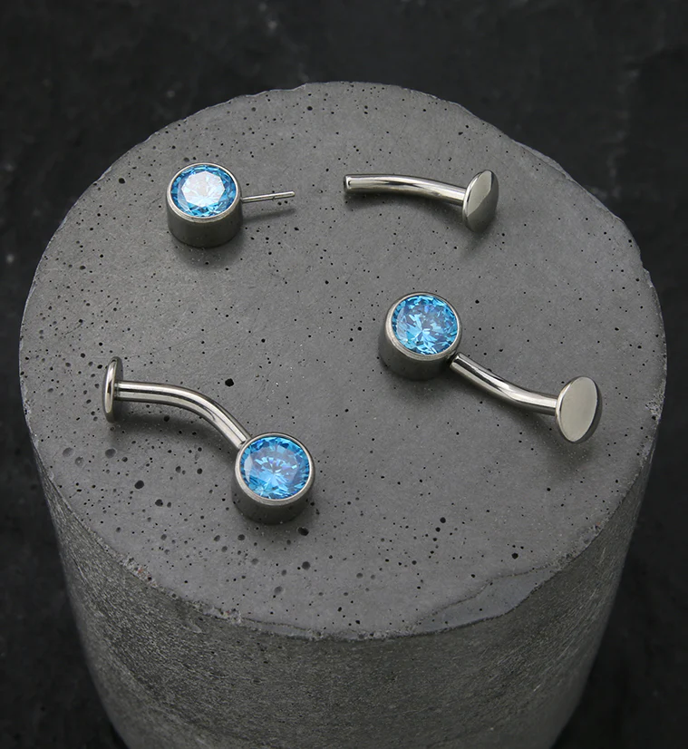 Bezel Aqua CZ Titanium Threadless Floating Belly Button Ring - Image 2